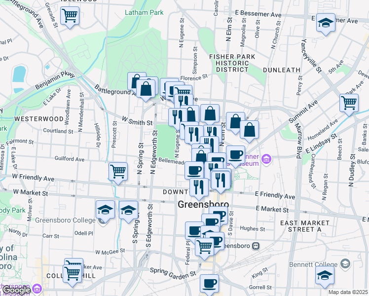map of restaurants, bars, coffee shops, grocery stores, and more near 329 Battleground Avenue in Greensboro