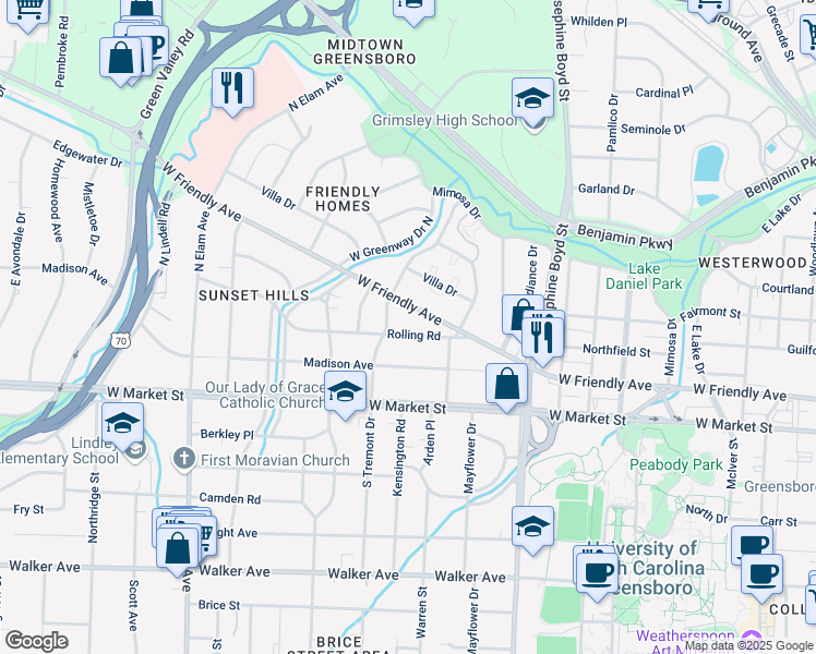 map of restaurants, bars, coffee shops, grocery stores, and more near 1812 Rolling Road in Greensboro