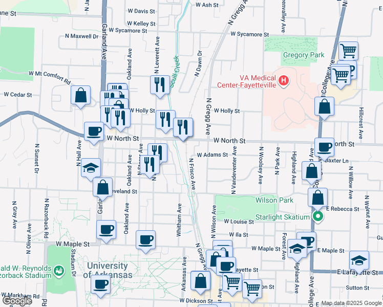 map of restaurants, bars, coffee shops, grocery stores, and more near Scull Creek Trail in Fayetteville