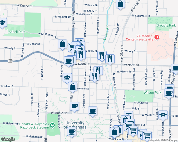 map of restaurants, bars, coffee shops, grocery stores, and more near 929 Oakland Avenue in Fayetteville