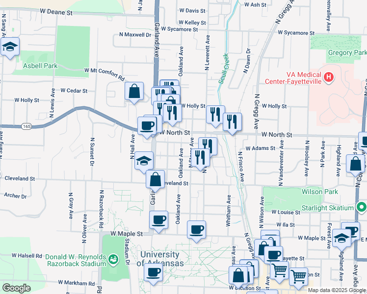 map of restaurants, bars, coffee shops, grocery stores, and more near 929 Oakland Avenue in Fayetteville