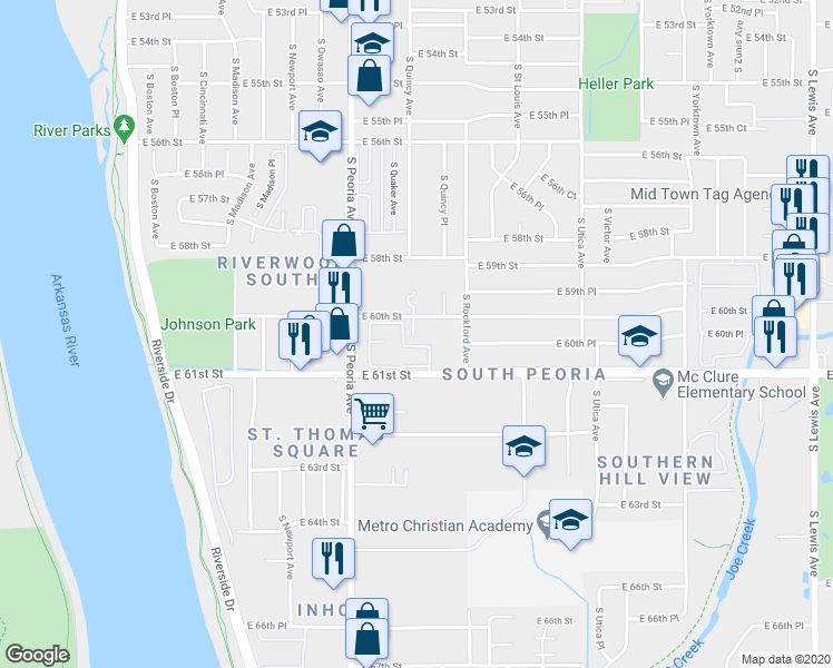 map of restaurants, bars, coffee shops, grocery stores, and more near 6011 South Quincy Avenue in Tulsa