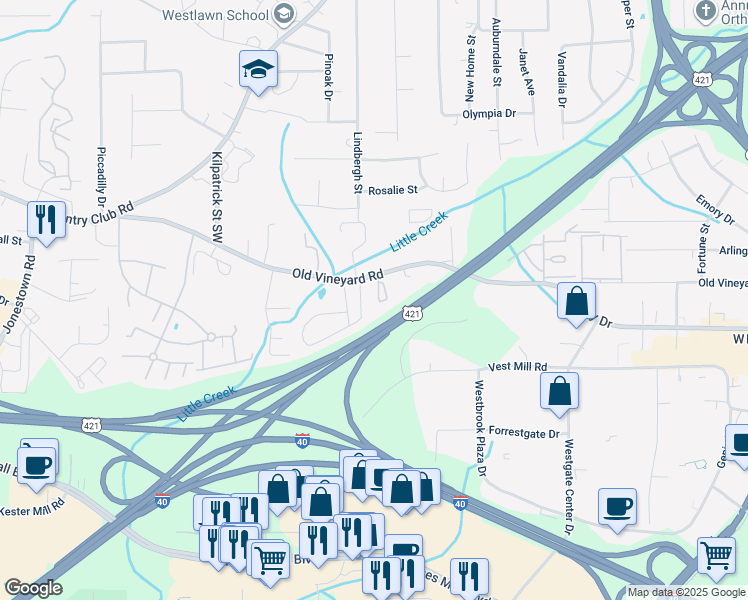 map of restaurants, bars, coffee shops, grocery stores, and more near 236 Olde Vineyard Court in Winston-Salem