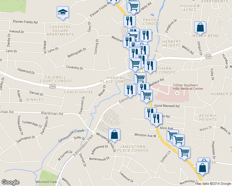 map of restaurants, bars, coffee shops, grocery stores, and more near 301 Milner Court in Nashville