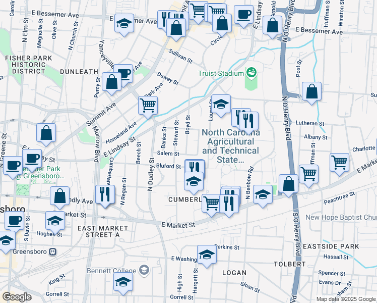 map of restaurants, bars, coffee shops, grocery stores, and more near 402 Boyd Street in Greensboro