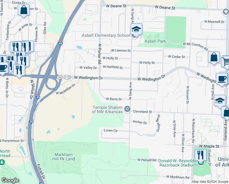 map of restaurants, bars, coffee shops, grocery stores, and more near 2243 West Ora Drive in Fayetteville