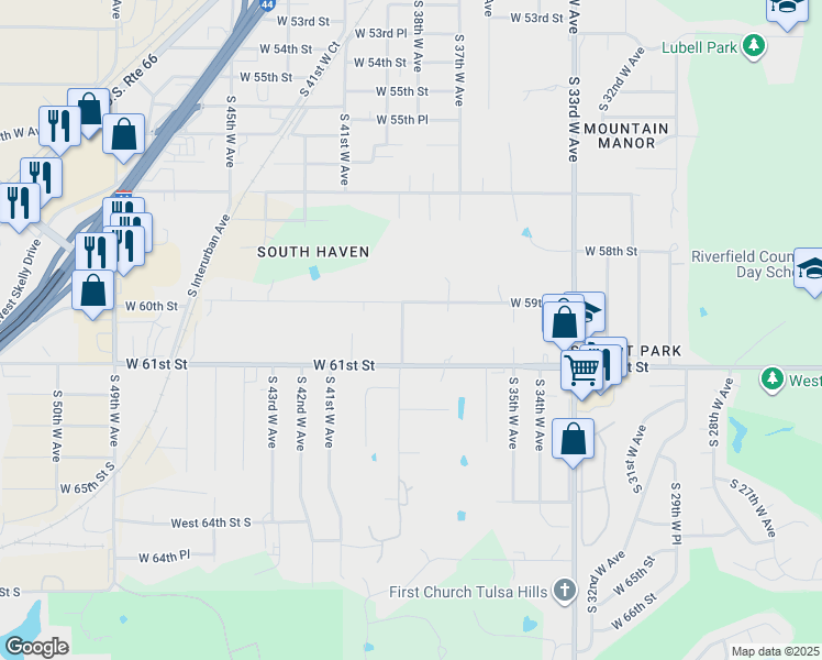 map of restaurants, bars, coffee shops, grocery stores, and more near 5921 South 39th West Avenue in Tulsa