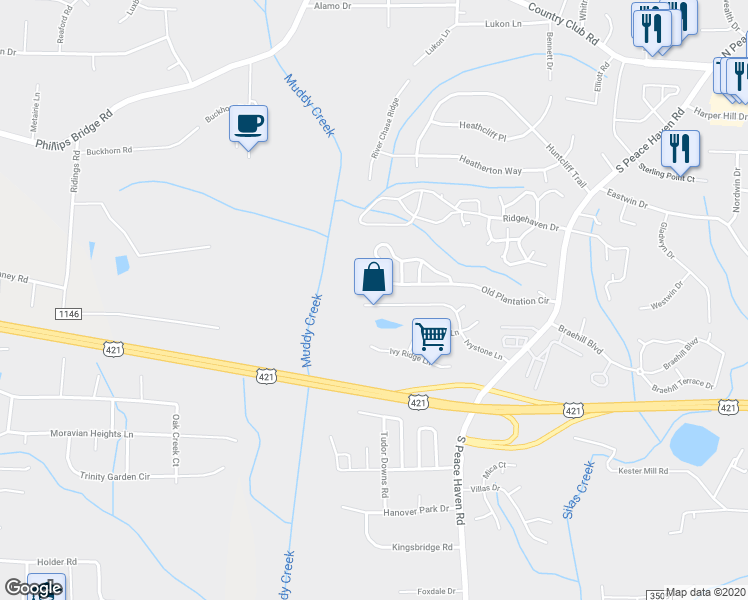 map of restaurants, bars, coffee shops, grocery stores, and more near 5277 Ivystone Lane in Winston-Salem