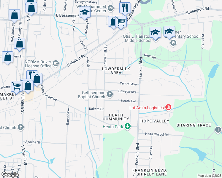 map of restaurants, bars, coffee shops, grocery stores, and more near 3707 Dawson Avenue in Greensboro