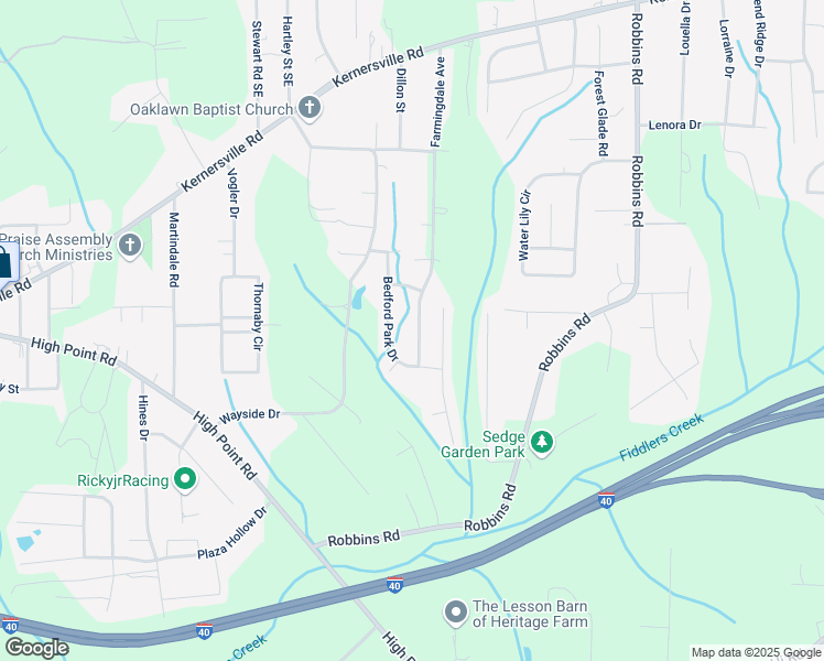 map of restaurants, bars, coffee shops, grocery stores, and more near 432 Farmingdale Avenue in Winston-Salem
