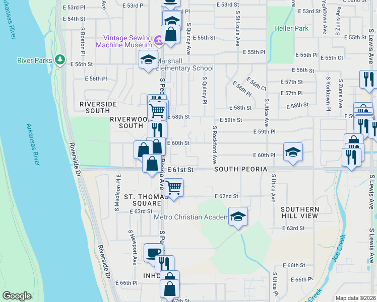 map of restaurants, bars, coffee shops, grocery stores, and more near 6012 South Quincy Avenue in Tulsa