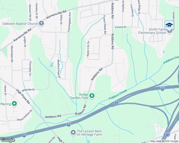 map of restaurants, bars, coffee shops, grocery stores, and more near 16 Jayson Lane in Winston-Salem