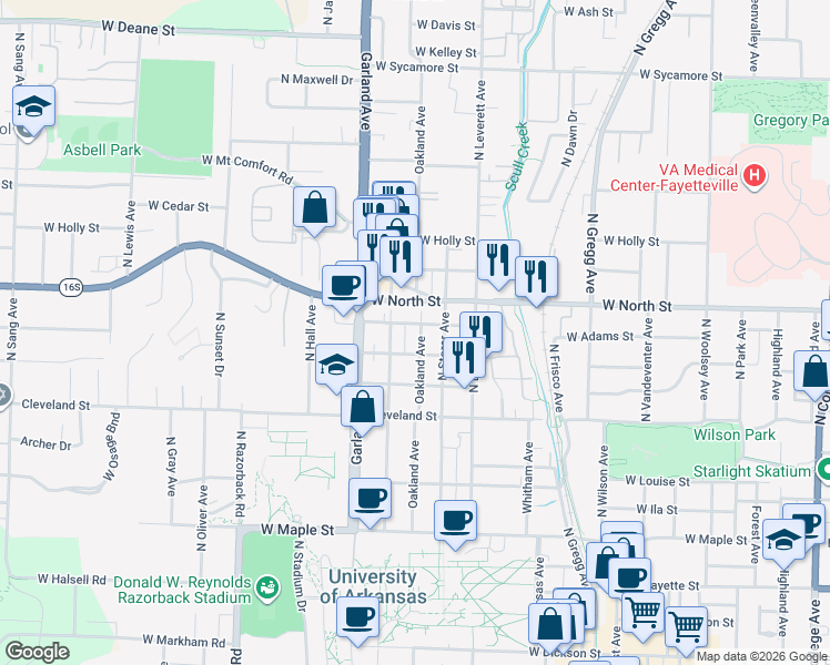 map of restaurants, bars, coffee shops, grocery stores, and more near 929 Oakland Avenue in Fayetteville