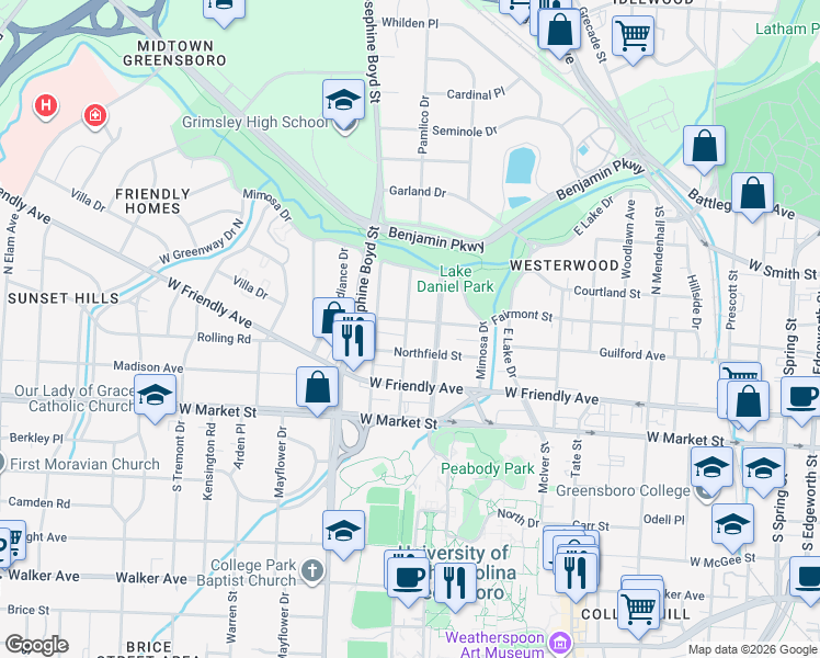 map of restaurants, bars, coffee shops, grocery stores, and more near 1409 Fairmont Street in Greensboro