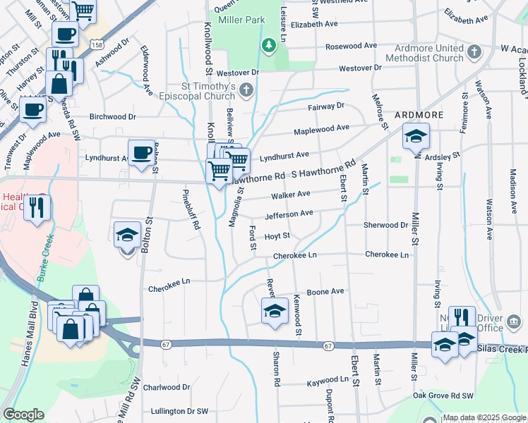 map of restaurants, bars, coffee shops, grocery stores, and more near 2435 Jefferson Avenue in Winston-Salem