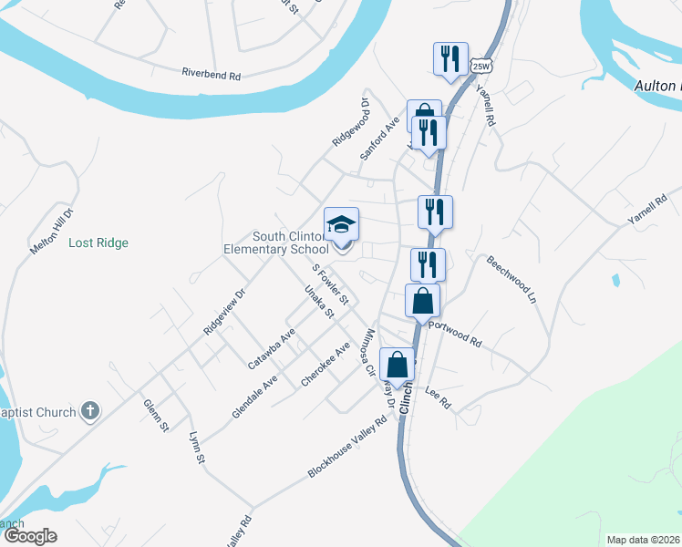 map of restaurants, bars, coffee shops, grocery stores, and more near 113 South Fowler Circle in Clinton