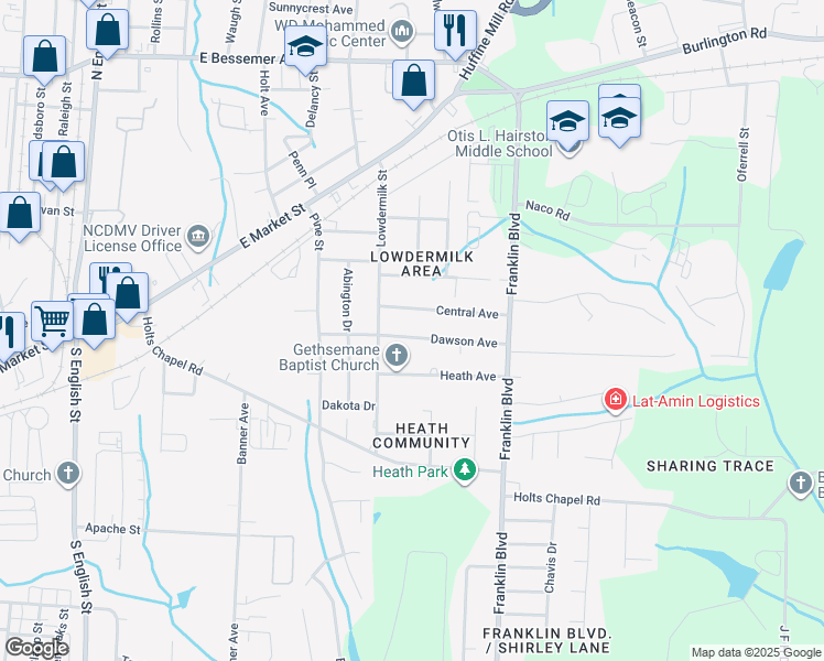 map of restaurants, bars, coffee shops, grocery stores, and more near 3711 Dawson Avenue in Greensboro