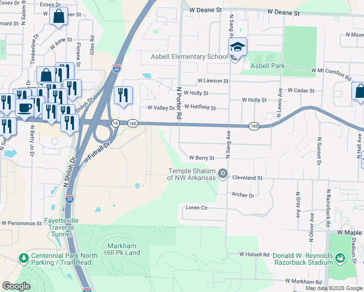 map of restaurants, bars, coffee shops, grocery stores, and more near 2349 West Ora Drive in Fayetteville
