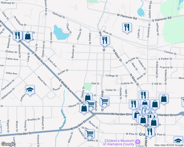 map of restaurants, bars, coffee shops, grocery stores, and more near 507 College Street in Graham