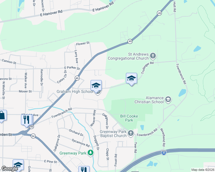 map of restaurants, bars, coffee shops, grocery stores, and more near 910 Trollinger Road in Graham