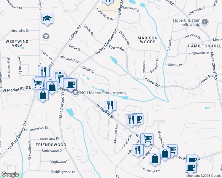 map of restaurants, bars, coffee shops, grocery stores, and more near 118 Village Lane in Greensboro