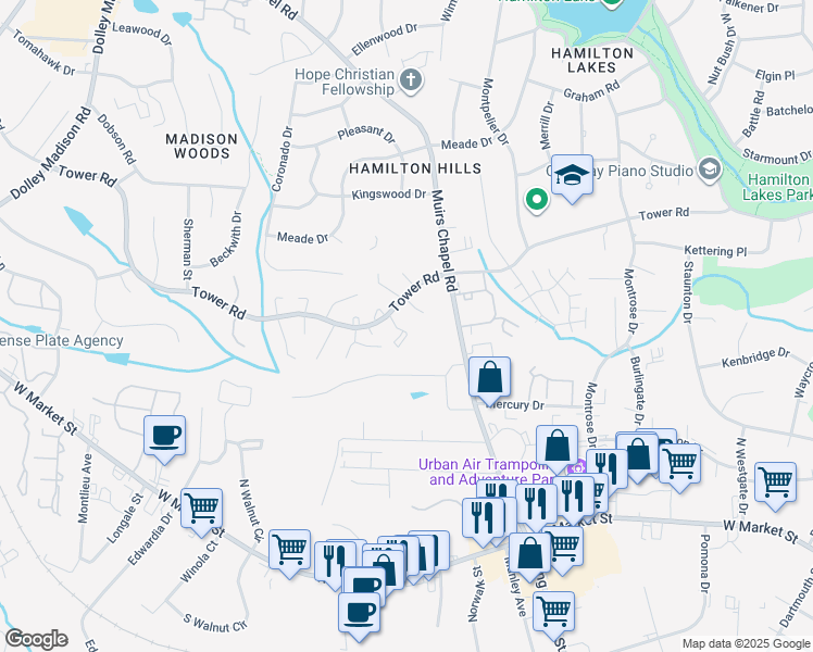 map of restaurants, bars, coffee shops, grocery stores, and more near 4823 Tower Road in Greensboro