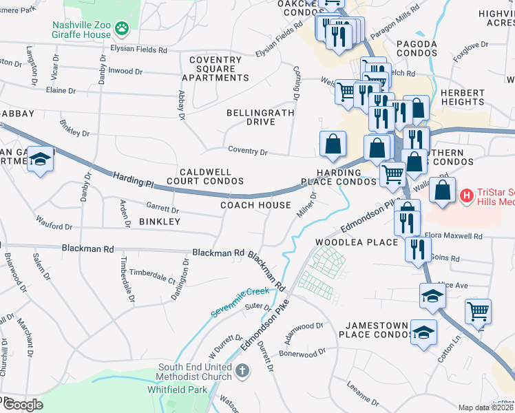 map of restaurants, bars, coffee shops, grocery stores, and more near 523B Harding Place in Nashville