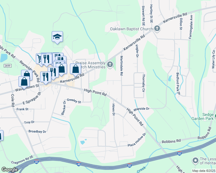 map of restaurants, bars, coffee shops, grocery stores, and more near 245 Madi Court in Winston-Salem