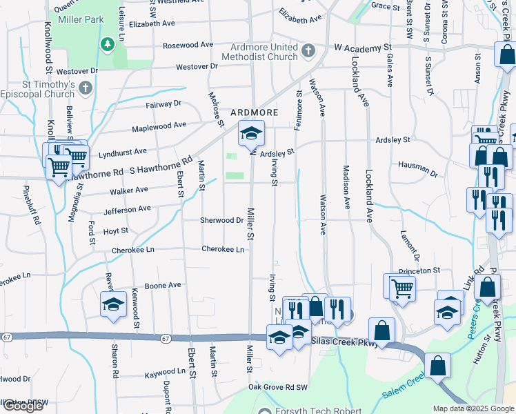 map of restaurants, bars, coffee shops, grocery stores, and more near 1124 Irving Street in Winston-Salem