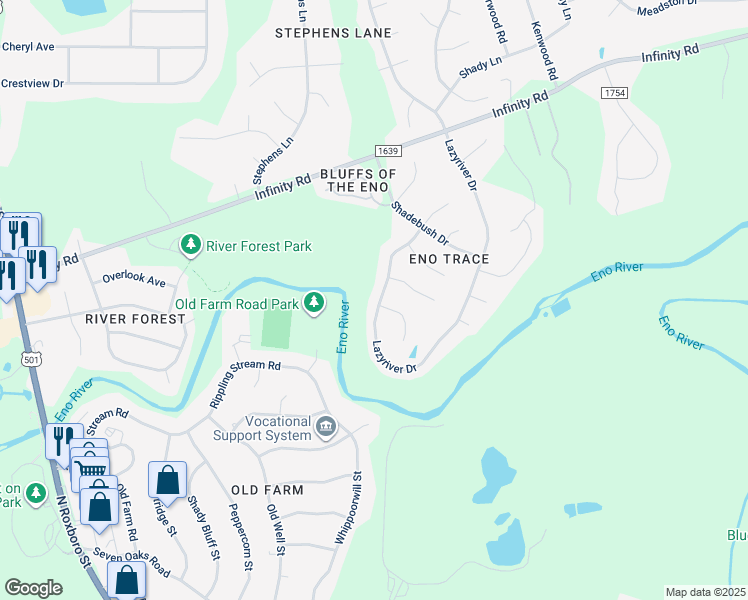 map of restaurants, bars, coffee shops, grocery stores, and more near 4300 Lazyriver Drive in Durham