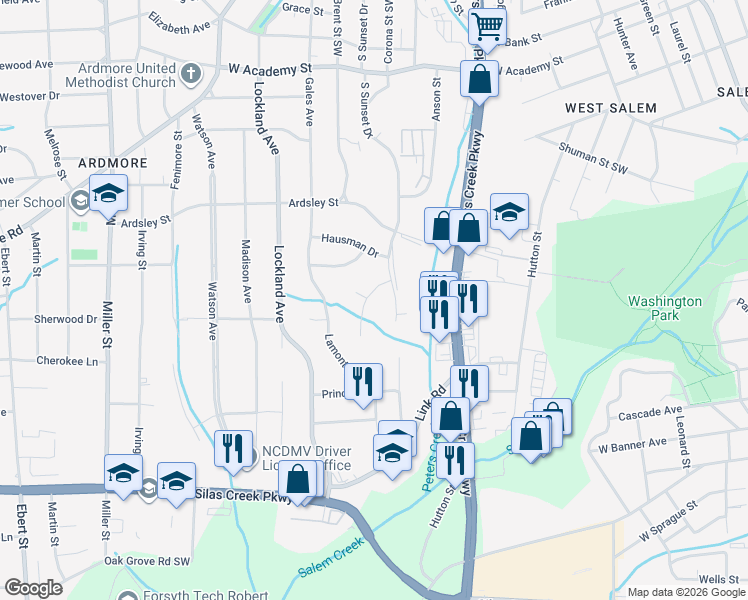 map of restaurants, bars, coffee shops, grocery stores, and more near 1724 Camden Road in Winston-Salem