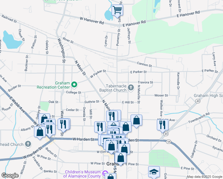 map of restaurants, bars, coffee shops, grocery stores, and more near 107 Water St in Graham