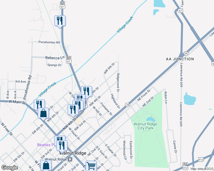 map of restaurants, bars, coffee shops, grocery stores, and more near 405 Highland Drive in Walnut Ridge