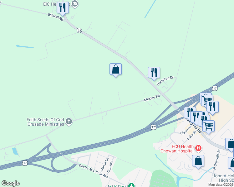 map of restaurants, bars, coffee shops, grocery stores, and more near 134 Mexico Road in Edenton