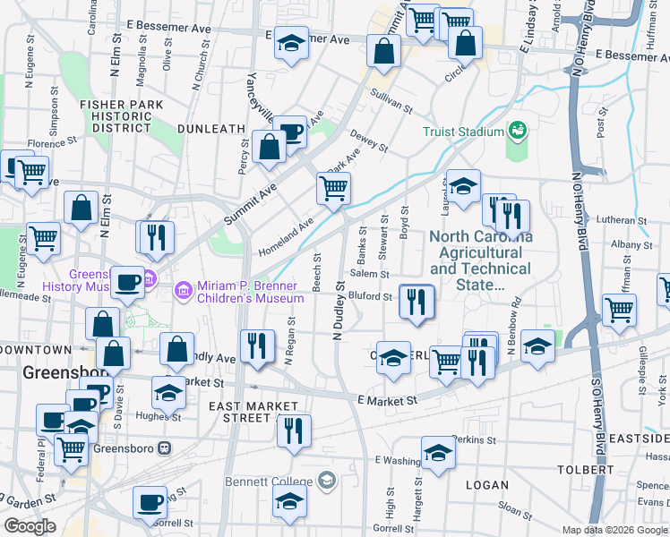 map of restaurants, bars, coffee shops, grocery stores, and more near 415 North Dudley Street in Greensboro