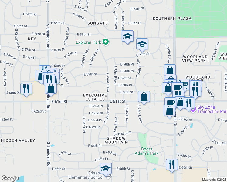 map of restaurants, bars, coffee shops, grocery stores, and more near 5944 South 73rd East Avenue in Tulsa