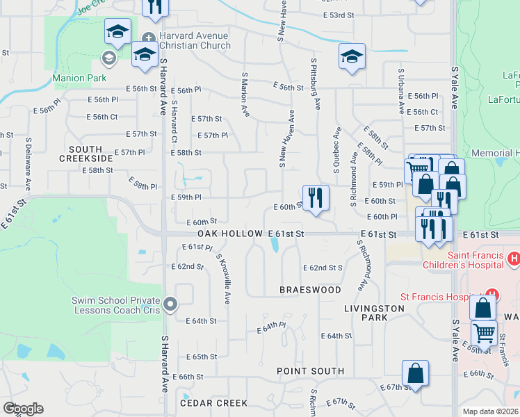 map of restaurants, bars, coffee shops, grocery stores, and more near 6004 South Marion Place in Tulsa