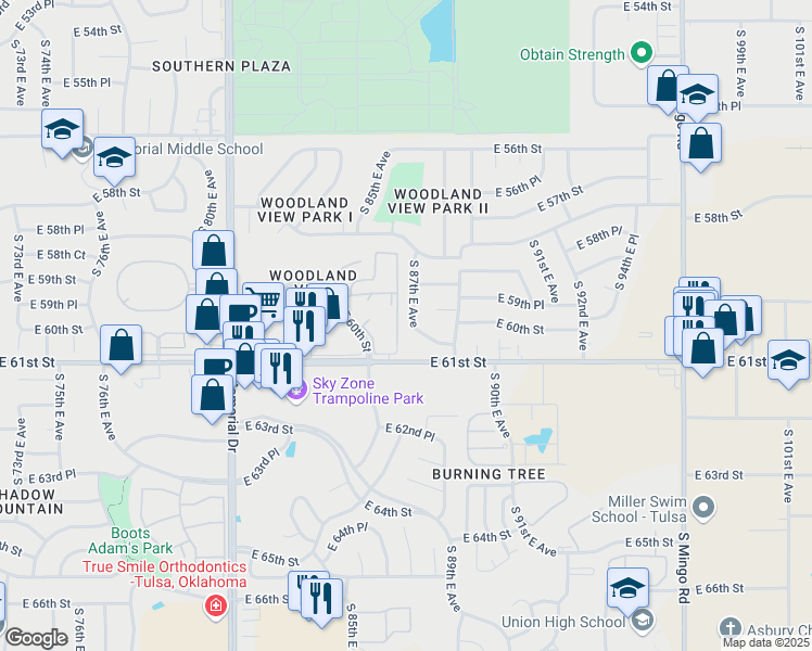 map of restaurants, bars, coffee shops, grocery stores, and more near 5936 South 87th East Avenue in Tulsa
