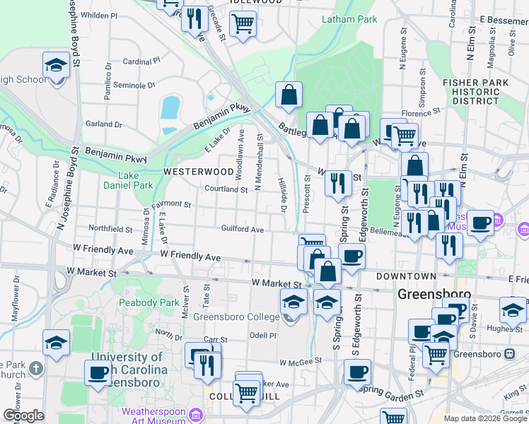 map of restaurants, bars, coffee shops, grocery stores, and more near 612 Fairmont Street in Greensboro