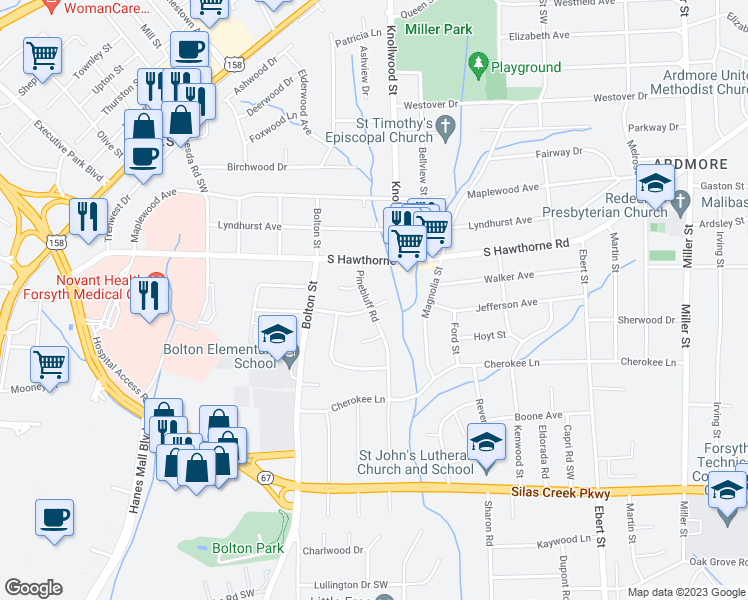 map of restaurants, bars, coffee shops, grocery stores, and more near 1133 Pinebluff Road in Winston-Salem