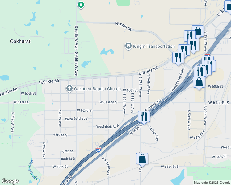map of restaurants, bars, coffee shops, grocery stores, and more near 6002 West 60th Street in Tulsa