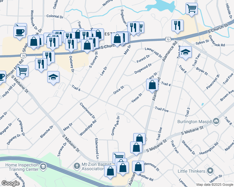map of restaurants, bars, coffee shops, grocery stores, and more near 2506 Orice Street in Burlington