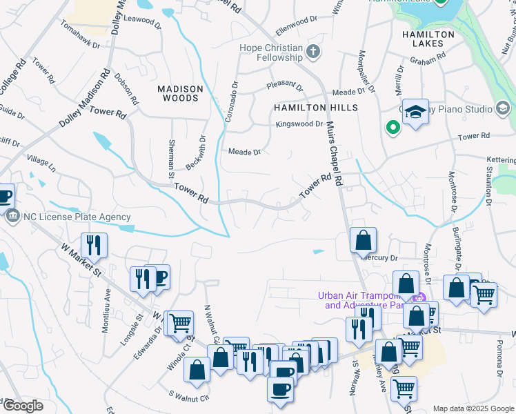 map of restaurants, bars, coffee shops, grocery stores, and more near 4915 Tower Road in Greensboro