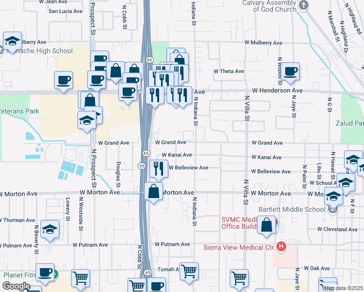 map of restaurants, bars, coffee shops, grocery stores, and more near 815-825 West Grand Avenue in Porterville