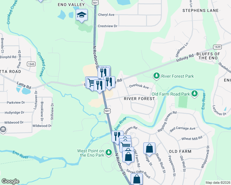 map of restaurants, bars, coffee shops, grocery stores, and more near 4906 South Singing Woods Place in Durham