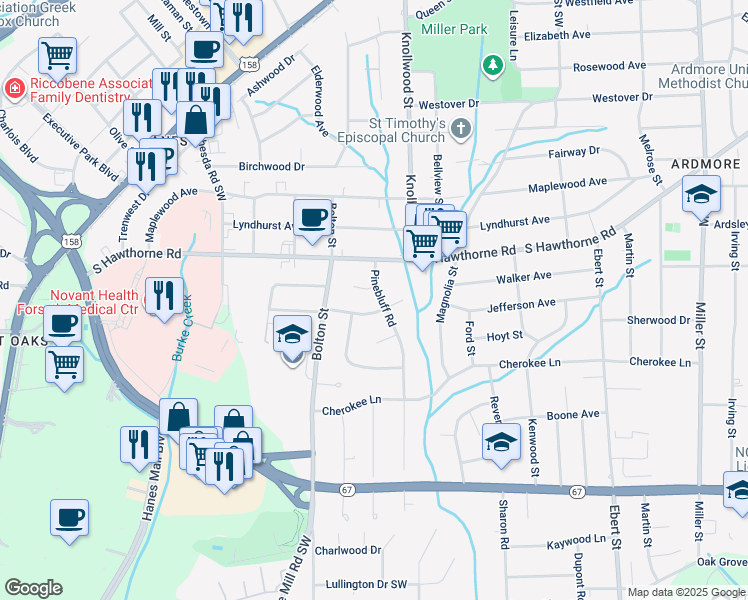 map of restaurants, bars, coffee shops, grocery stores, and more near 1126 Pinebluff Road in Winston-Salem
