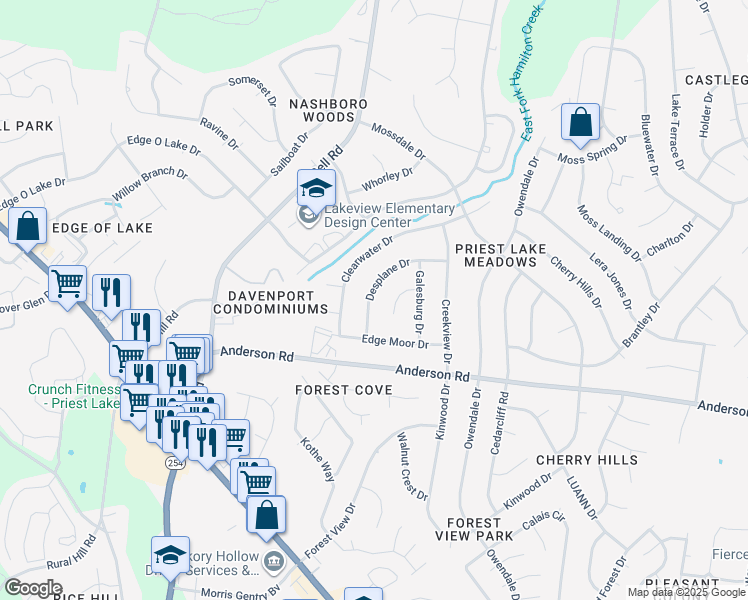 map of restaurants, bars, coffee shops, grocery stores, and more near 2820 Desplane Drive in Nashville