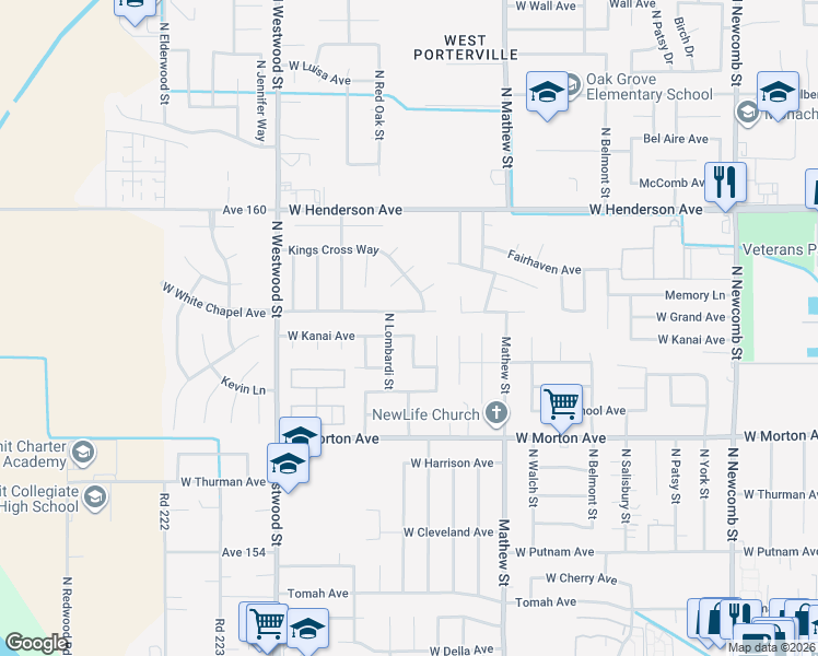 map of restaurants, bars, coffee shops, grocery stores, and more near 2180 West Kanai Avenue in Porterville