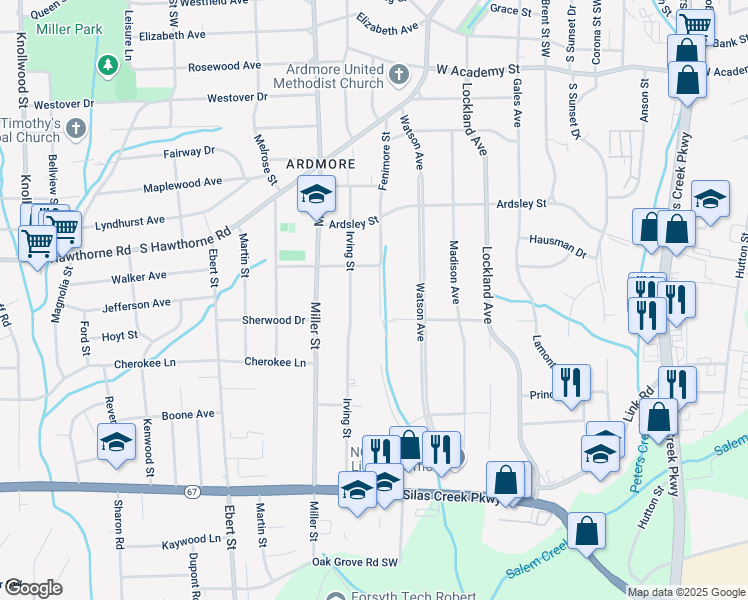 map of restaurants, bars, coffee shops, grocery stores, and more near 1126 Fenimore Street in Winston-Salem