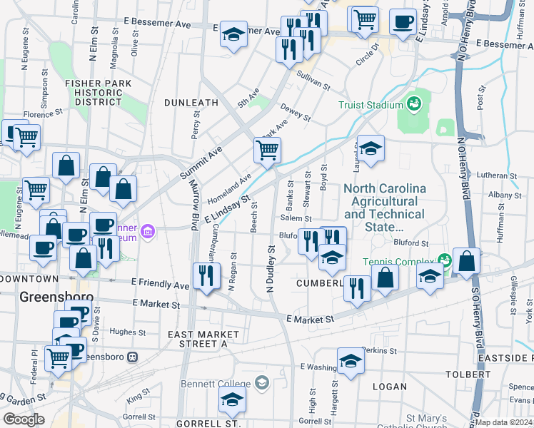 map of restaurants, bars, coffee shops, grocery stores, and more near 415 North Dudley Street in Greensboro